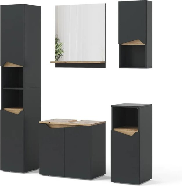Vicco Badmöbel-Set Marelle in Anthrazit und Eiche, 5-teilige Badezimmer-Kombination mit Badspiegel und Waschtischunterschrank - Bild 2