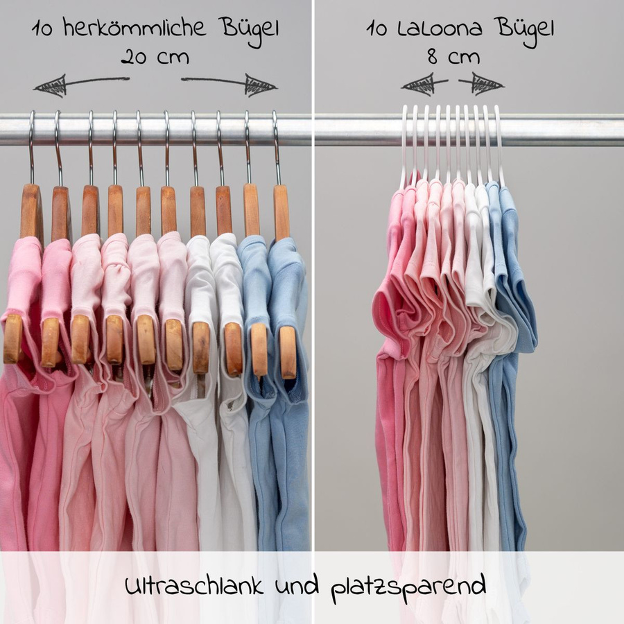 LaLoona Kleiderbügel für Babys und Kinder aus Kunststoff, 22 Stück, Weiß, platzsparend mit Kleiderbügelstange, Breite: 30,5 cm, Höhe: 15,0 cm, Tiefe: 30,5 cm - Bild 2