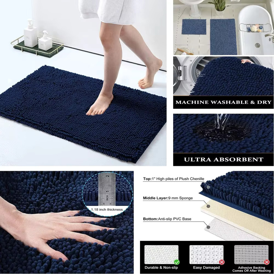 Weicher Chenille Plüsch-Badvorleger in Grau, Saugfähig und Rutschfest, Waschbarer Badezimmer-Teppich für Dusche und Toilette - Bild 3