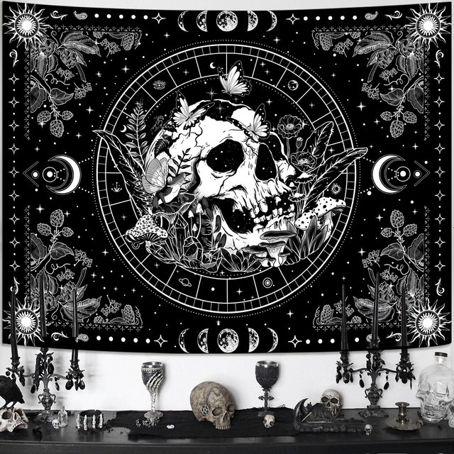 VIKAMA Wandbehang mit Totenkopfmotiv in Schwarz-Weiß im Boho-Stil mit floralem Design, B/H: 60 x 40 cm - Bild 1