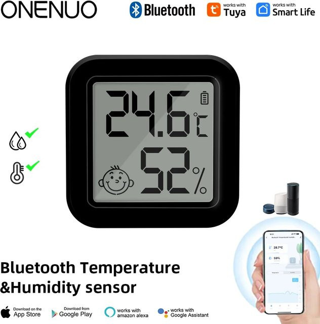 Onenuo Tuya Bluetooth Temperatur- und Feuchtigkeitssensor mit LCD Digitaldisplay und App-Steuerung, Schwarz - Bild 1