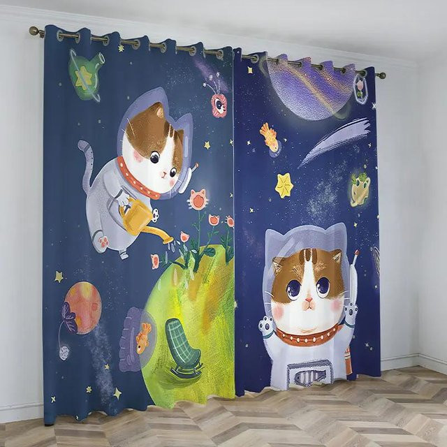 Yiran Furniture Verdunkelungsvorhang Cartoon Astronaut Katze für Kinderzimmer, Blau, Breite: 55 cm, Höhe: 120 cm, 2er-Set - Bild 1