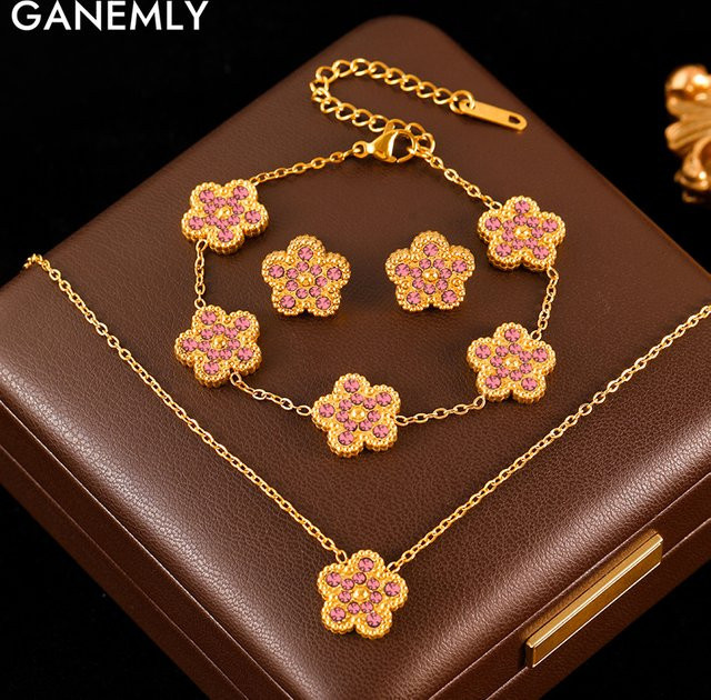 GANEMLY Schmuck-Set, Halskette, Armband, Ohrringe, Edelstahl, Roségold, Zirkonia, Damen - Bild 1