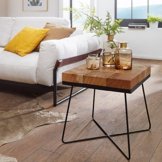 Finebuy Beistelltisch aus Akazie Massivholz in Braun im Industrial-Style, B/T/H: 45 x 45 x 51 cm - Bild 1