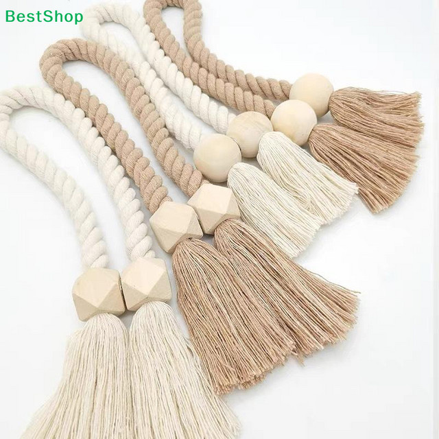 Liy Boho Makramee Magnetischer Vorhanghalter mit Holzperlen und Quasten in Beige - Bild 1