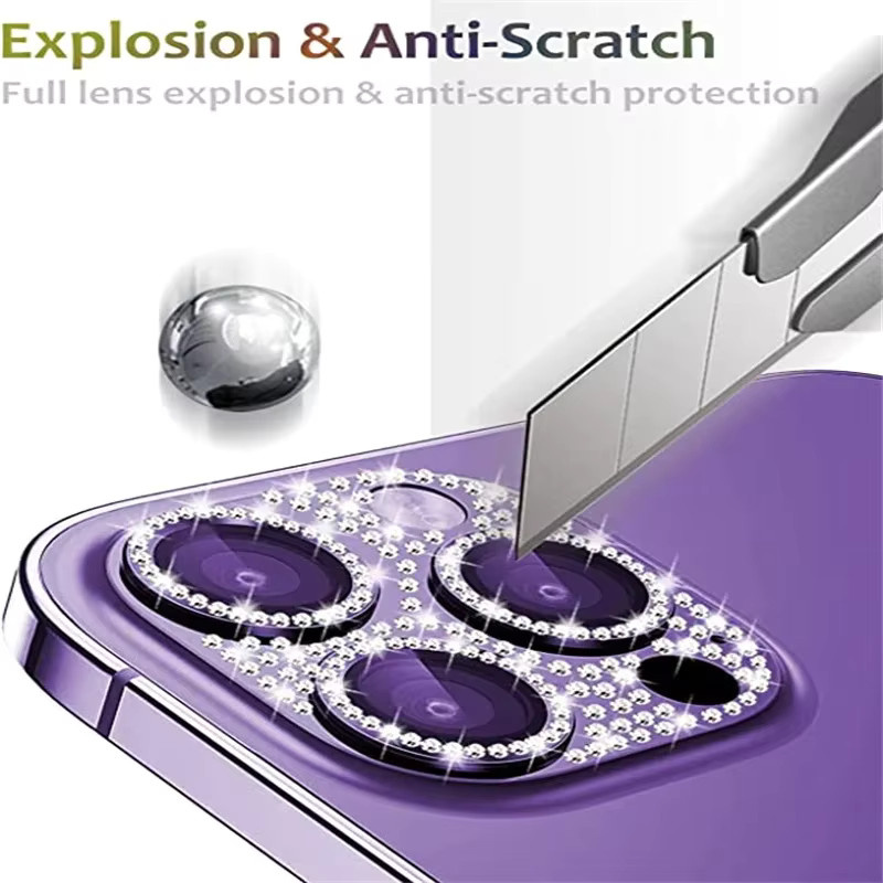 Bling 3D-Volldiamant-Kameraschutz aus Legierung und gehärtetem Glas für iPhone 16 15 14 Pro Max 13 in Silber oder Lila - Bild 4