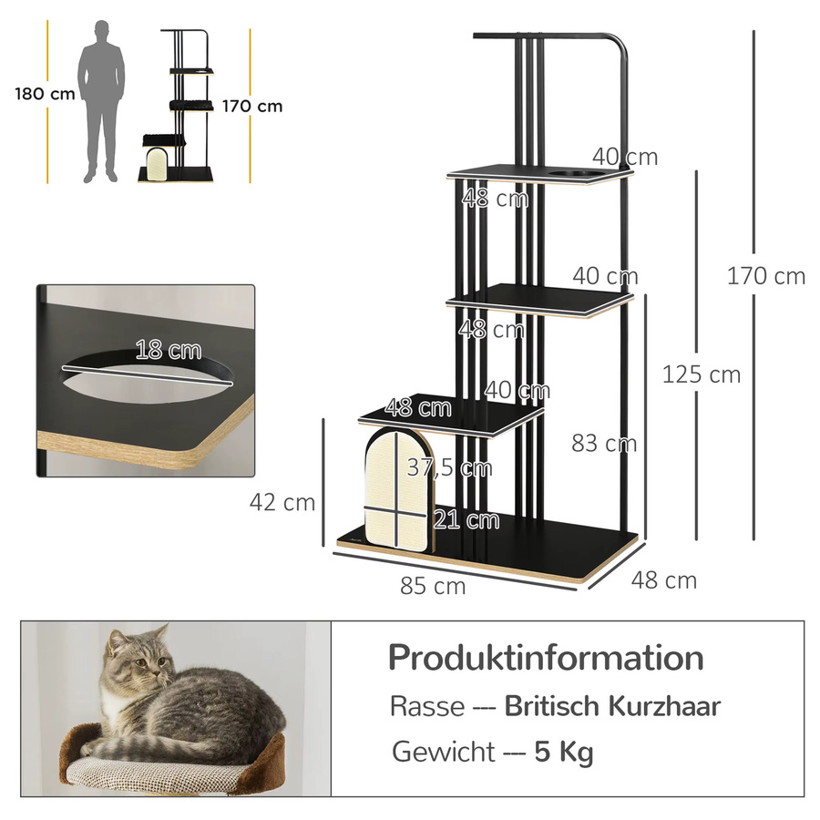 Svintora Katzen-Kratzbaum im Industrial Design mit Metallrahmen, drei Holzplattformen, zwei Plüsch-Liegematten und Sisal-Kratzwand in Schwarz Matt - Bild 7