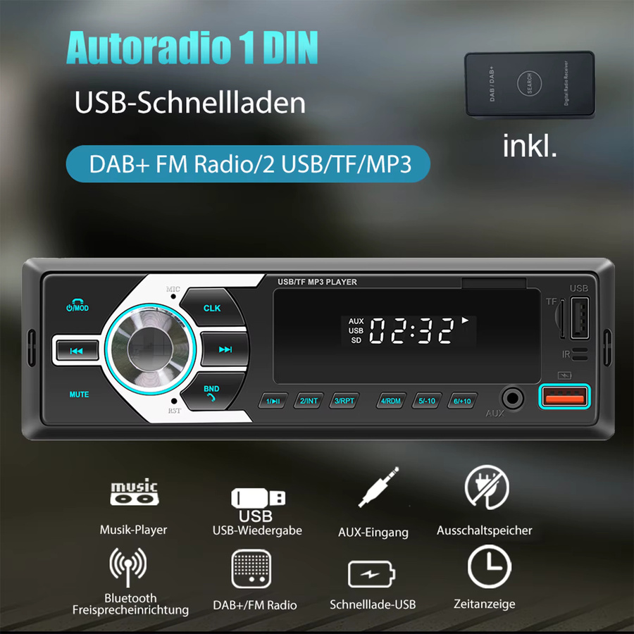 ESSGOO Single 1DIN Universal-Autoradio mit DAB+, Bluetooth, Freisprechfunktion, MP3-Player, USB, FM, Aux-In und 7 Farben Beleuchtung in Schwarz - Bild 5