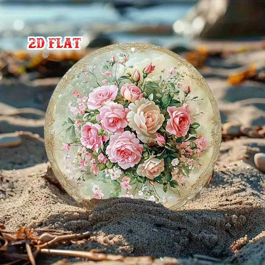 CIFBUY Vintage Rundes Metallschild mit rosa Rosen und Goldumrandung, Wandkunst mit floralem Design, Durchmesser: 20 cm - Bild 4