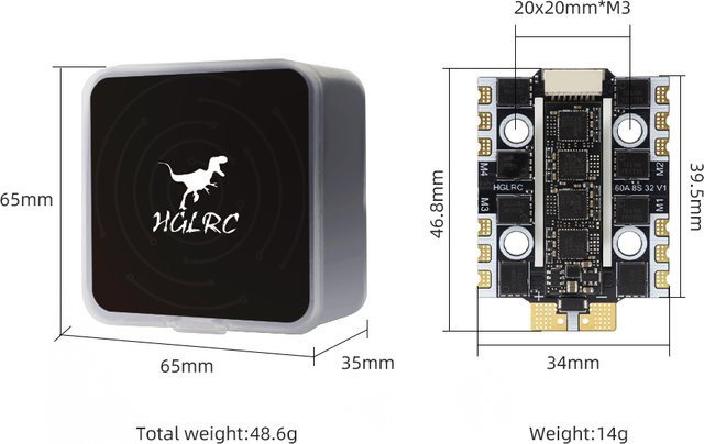 HGLRC 60A 4in1 Mini ESC mit 32-Bit BL32/AM32 Firmware und bidirektionalem DShot für FPV Racing Drohnen, Schwarz, 3-8S Hochspannung - Bild 1