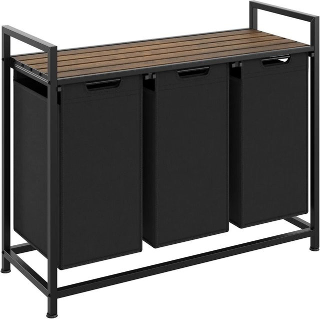 tectake Wäschesortierer im Industrial Style mit 3 ausziehbaren Fächern, Holz und Stahl, Schwarz Braun, B: 34,0 cm, H: 93,5 cm, T: 72,0 cm - Bild 1