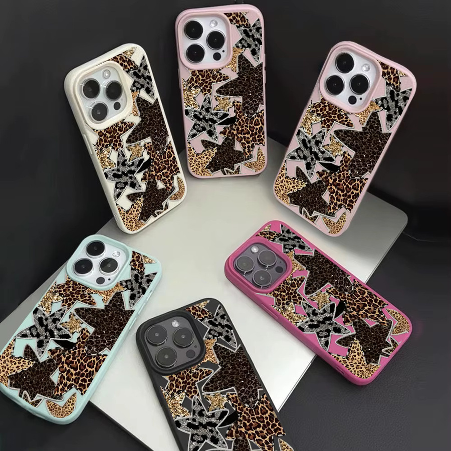 Handyhülle für Apple iPhone 12 bis 17 Pro Max und Air mit Leoparden-Print, Glitzer-Sternen und Patchwork-Textur in Schwarz und Multicolour - Bild 5