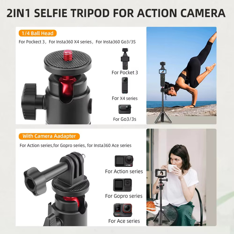 Selfie-Stick-Stativ mit Zubehör für Insta360 X4 X3 Ace Pro 2 DJI Action 5 4 Pro Pocket 3 und GoPro in Schwarz - Bild 2
