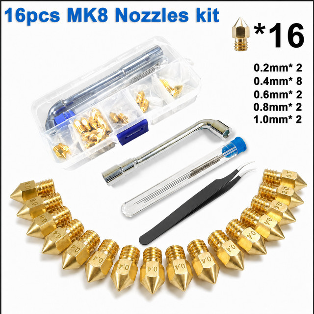 16-teiliges MK8 Messingdüsen-Set in Gold mit Schraubenschlüssel, Pinzette und Aufbewahrungsbox für Ender 3 und CR-10 Serie, Düsendurchmesser: 0,2 mm, 0,4 mm, 0,6 mm, 0,8 mm und 1,0 mm - Bild 1