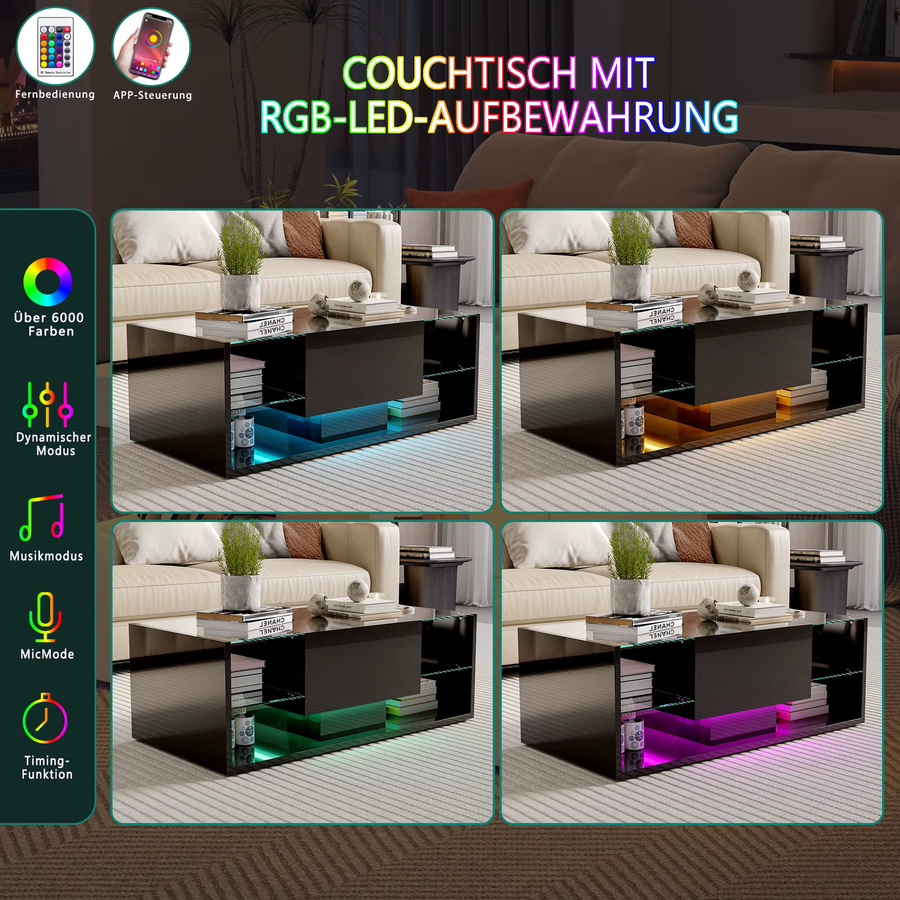 Moderner niedriger Couchtisch in Schwarz/Weiß glänzend mit 4 Regalen aus gehärtetem Glas, Schublade und RGB LED-Beleuchtung per App oder Fernbedienung - Bild 6