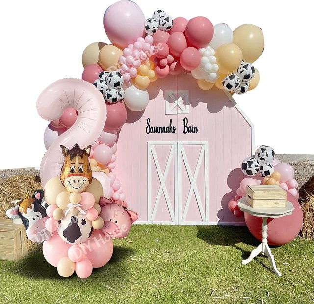 Karton-Ballon-Set mit Bauernhoftieren und rosa Folien-Zahlenballons für Kindergeburtstage als Party-Dekoration - Bild 1