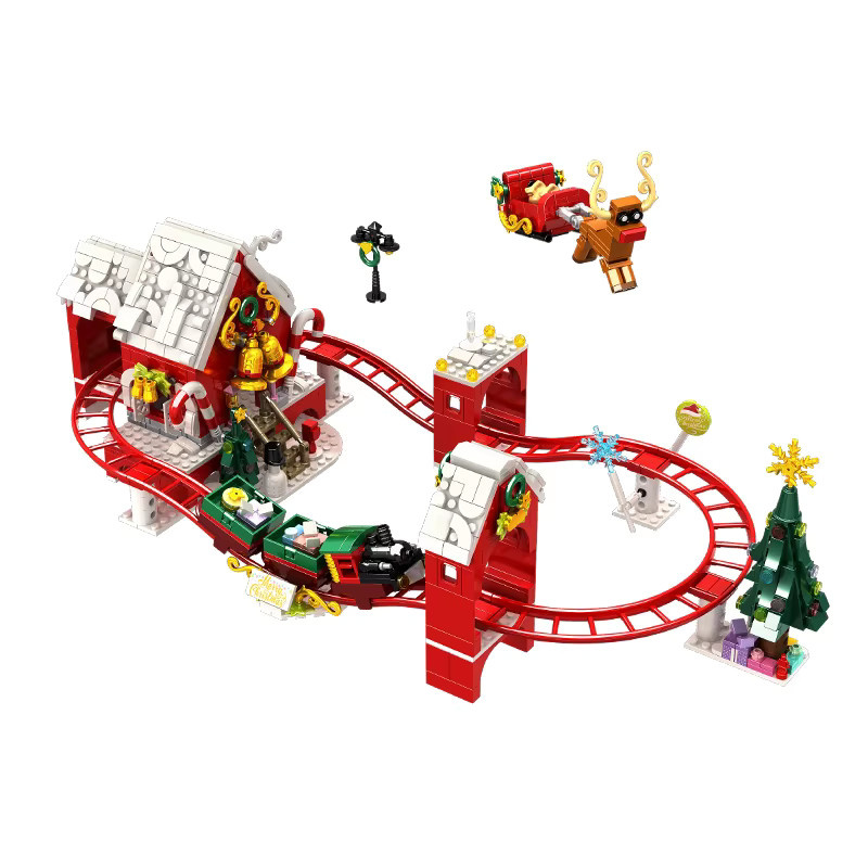 DBPALY Weihnachts-Modellbausteine Winterdorf mit Zug und Karussell, Mehrfarbig - Bild 2