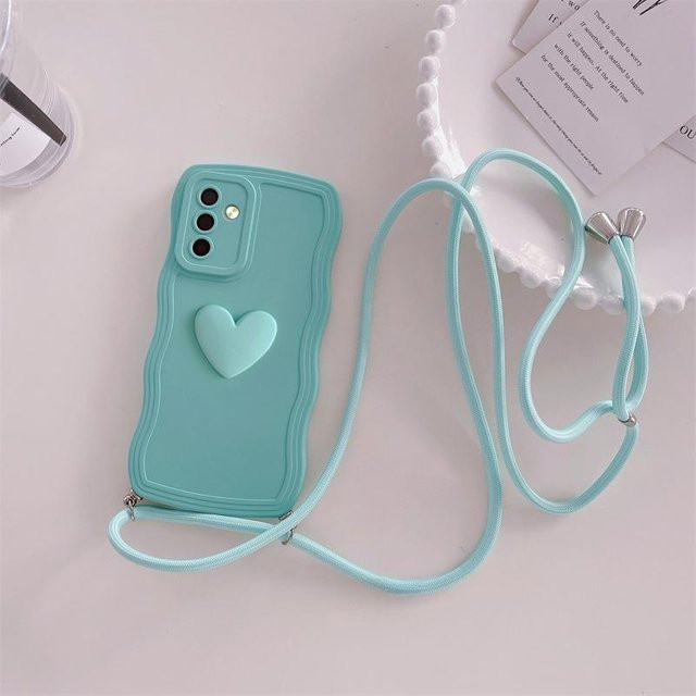 Silikonhülle mit lockigem Crossbody Lanyard und 3D Love Heart Design für Samsung Galaxy S24 S23 S22 S21 Ultra S23 FE A55 A54 A35 A34 A25 A15 A14 A05 in Türkis - Bild 1