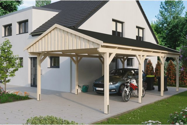 Skan Holz Carport Fichtelberg aus Fichten-Leimholz mit spitzer Dachform und Dachschindeln, Farbe: beige, B/T/H: 423 x 808 x 326 cm - Bild 1