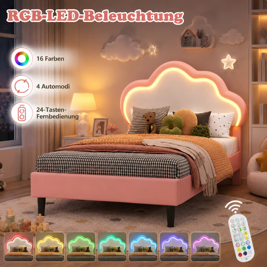 HYNHXBP Kinder-Einzelbettrahmen in Wolkenform mit LED-Ambientebeleuchtung und höhenverstellbarem Kopfteil, rosa PU-Leder, B/T: 90 x 200 cm - Bild 4