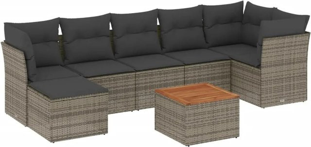 vidaXL 8-teilige Garten-Sofagarnitur in L-Form aus grauem Poly-Rattan mit Kissen und Akazienholz - Bild 1