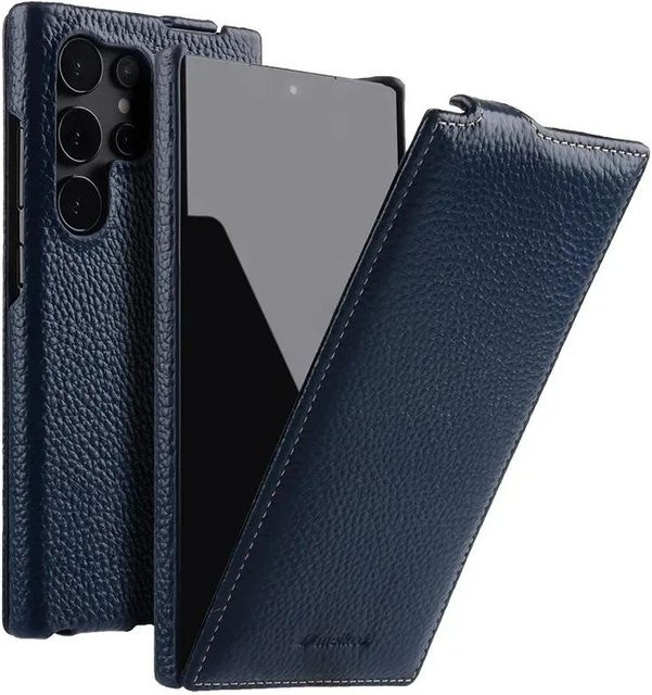 Melkco Handgefertigte Rindslederhülle für Samsung Galaxy S26 Ultra und S26+ Plus 5G als vertikale Flip-Hülle, Blau - Bild 1