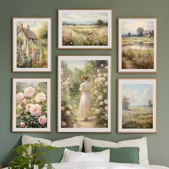 Potdemiel Vintage Landschafts-Ölgemälde als Leinwanddruck mit botanischen Motiven in Mehrfarbig - Bild 1