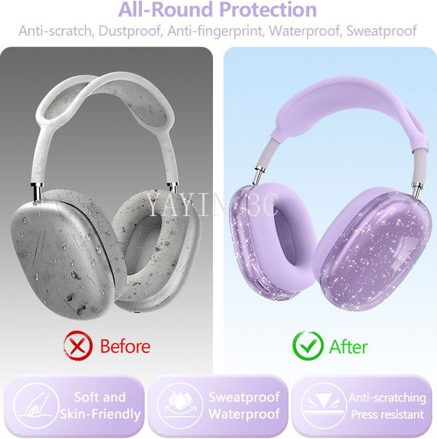 CHONGJIZHE 3-in-1 Silikon und transparentes TPU Schutzhülle für AirPods Max Headset, stoßfest und berührungsempfindlich, Lila/Transparent - Bild 1