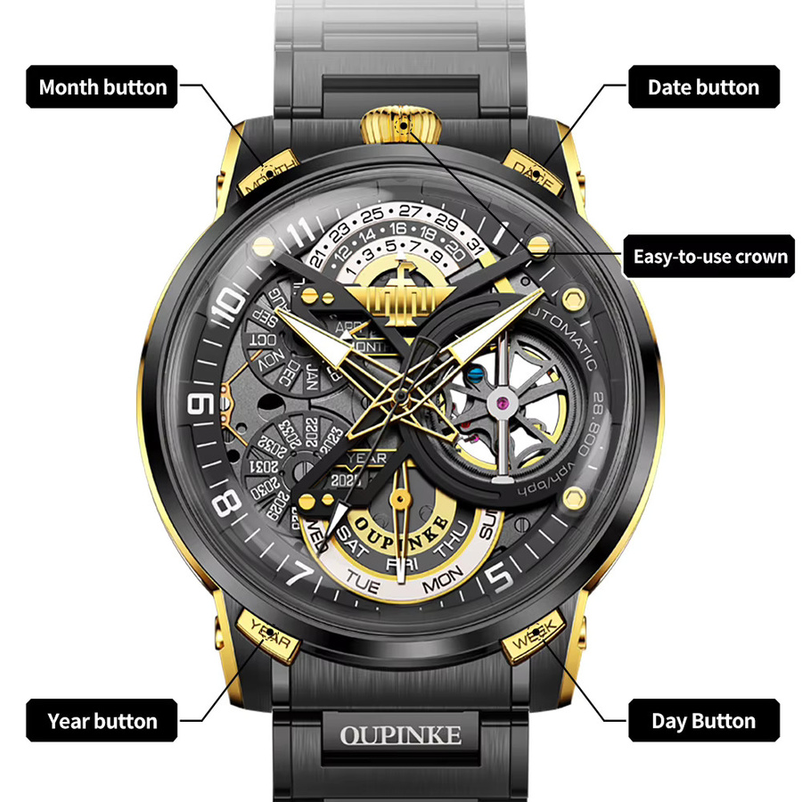 OUPINKE Herren Armbanduhr, Automatik, Edelstahl, Schwarz, Gold - Bild 4