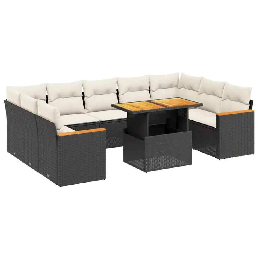vidaXL 11-teilige Garten-Sofagarnitur in L-Form aus Polyrattan und Akazienholz mit Kissen in Schwarz und Cremeweiß - Bild 2