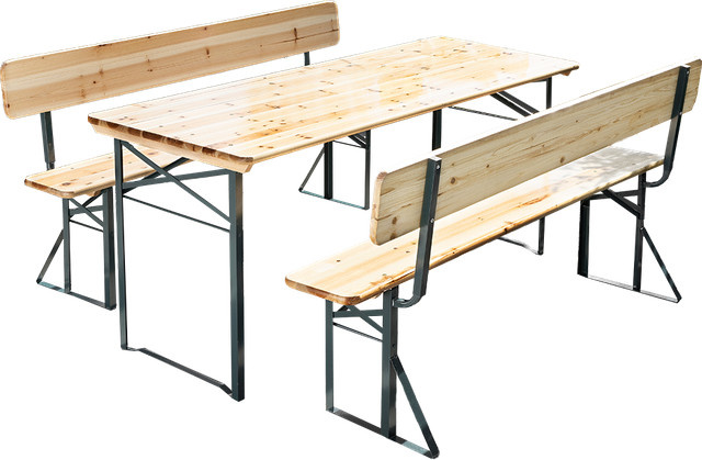 3-teilige Bierzelt-Garnitur von Better Home aus Tannenholz mit Rückenlehne und Stahlrahmen in Braun und Grün - Bild 1