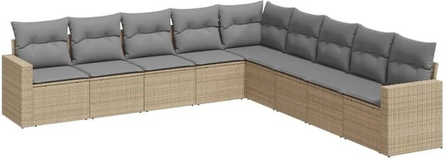 vidaXL 9-tlg Garten-Sofagarnitur in L-Form aus beige farbenem Poly-Rattan mit Kissen und pulverbeschichtetem Stahlgestell - Bild 1