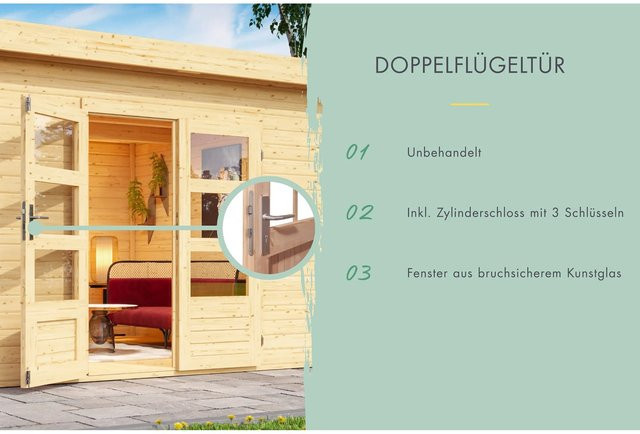 Karibu Holz-Gartenhaus Ängelholm in Natur mit Pultdach und modernem Design, B: 340 cm, T: 280 cm - Bild 1