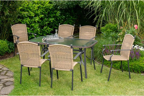 Merxx Gartenmöbelset Roma 7-teilig aus Aluminium und Kunststoff in Grau/Beige/Braun mit Sicherheitsglas-Tischplatte - Bild 1