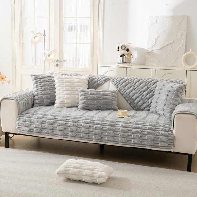 Super Six Winter-Sofabezug aus Plüsch und Fleece, rutschfestes Ecksofa-Kissen für das Wohnzimmer, Grau, B/T/H: 70 x 70 x 70 cm - Bild 1