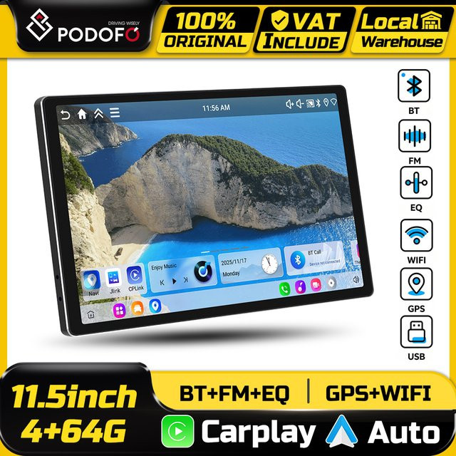 Podofo 11,5-Zoll Autoradio Multimedia-Player mit 4+64GB, kabelloses CarPlay und Android Auto, GPS-Navigation, FM RDS Stereo EQ und Spiegelung in Schwarz - Bild 1