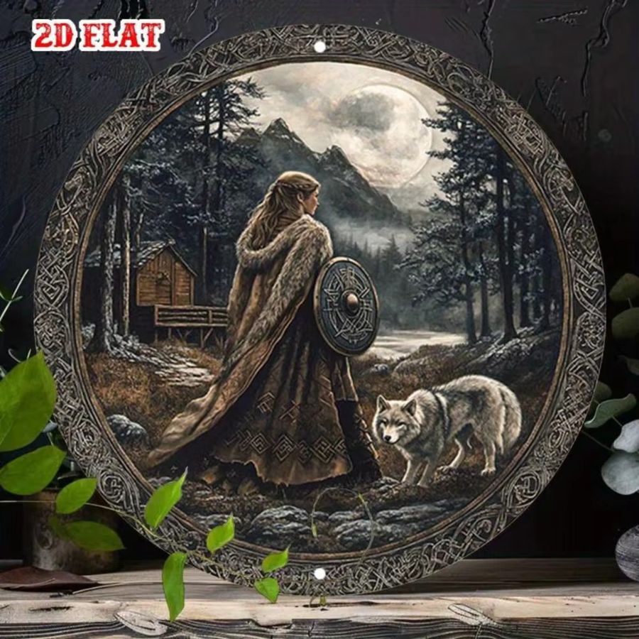 CIFBUY RoundNordic Metall Wanddeko Viking Schild Wolf Woman Rustikale Wandplakette Durchmesser: 20 cm - Bild 3