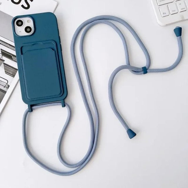 Rui Di Crossbody Lanyard Silikon Handyhülle mit Kartenfach für iPhone 16 15 14 13 12 11 Pro Max XS XR in Blau - Bild 1