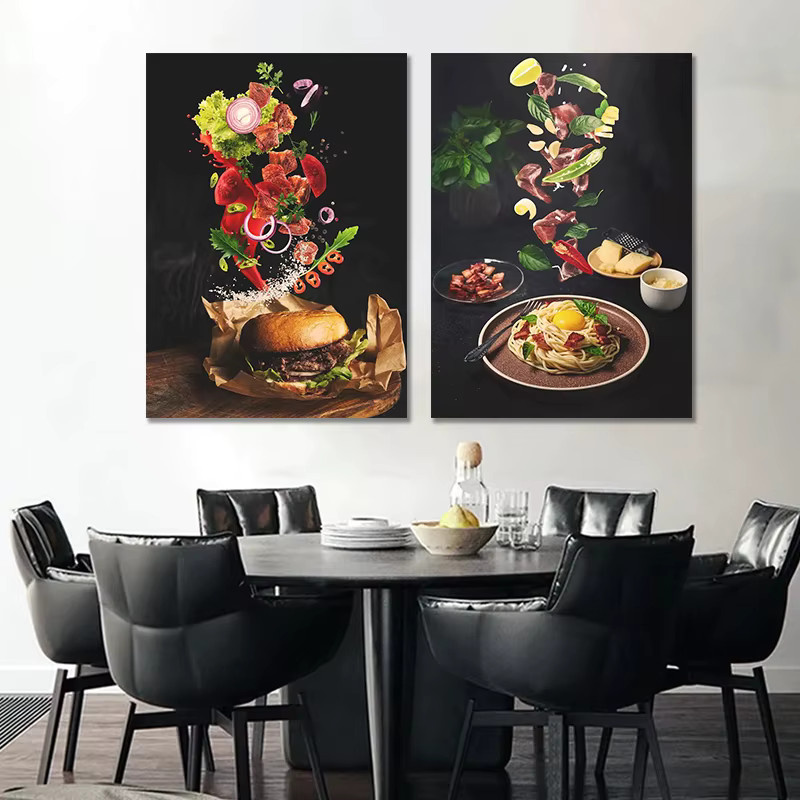 Potdemiel Küchenposter Fast Food Leinwandbild Motiv Gebratenes Huhn und Pasta in Mehrfarben - Bild 3