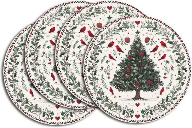 VIKAMA Weihnachtsmatte mit Vogel- und Stechpalmen-Motiv, rund, mehrfarbig, Textil-Tischdeko für dein Zuhause oder Bankette - Bild 1