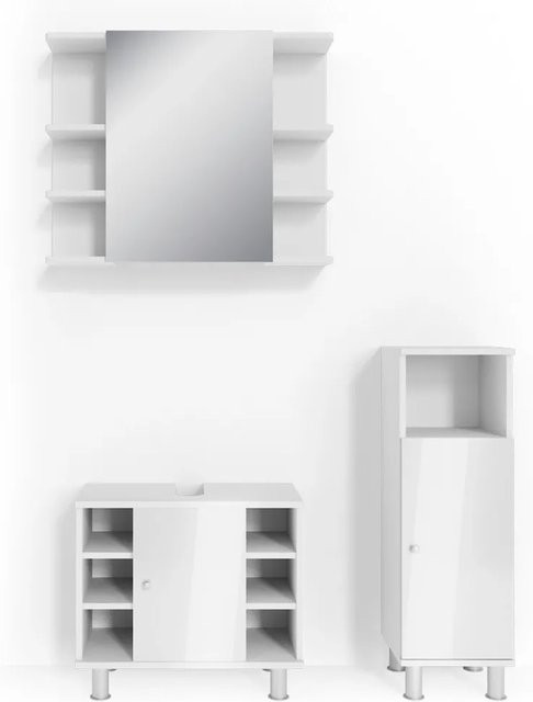 Vicco Badmöbel Set FYNN 3-teilig Weiß Hochglanz mit Spiegel, Unterschrank und Beistellschrank - Bild 2