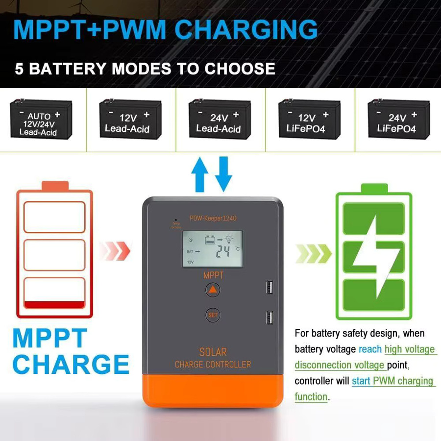 PowMr Keeper Serie MPPT Solar-Laderegler für 12V und 24V mit LCD-Display und USB-Ausgang zur Ladung von LiFePO4, Lithium, Gel und Flüssigbatterien - Bild 3