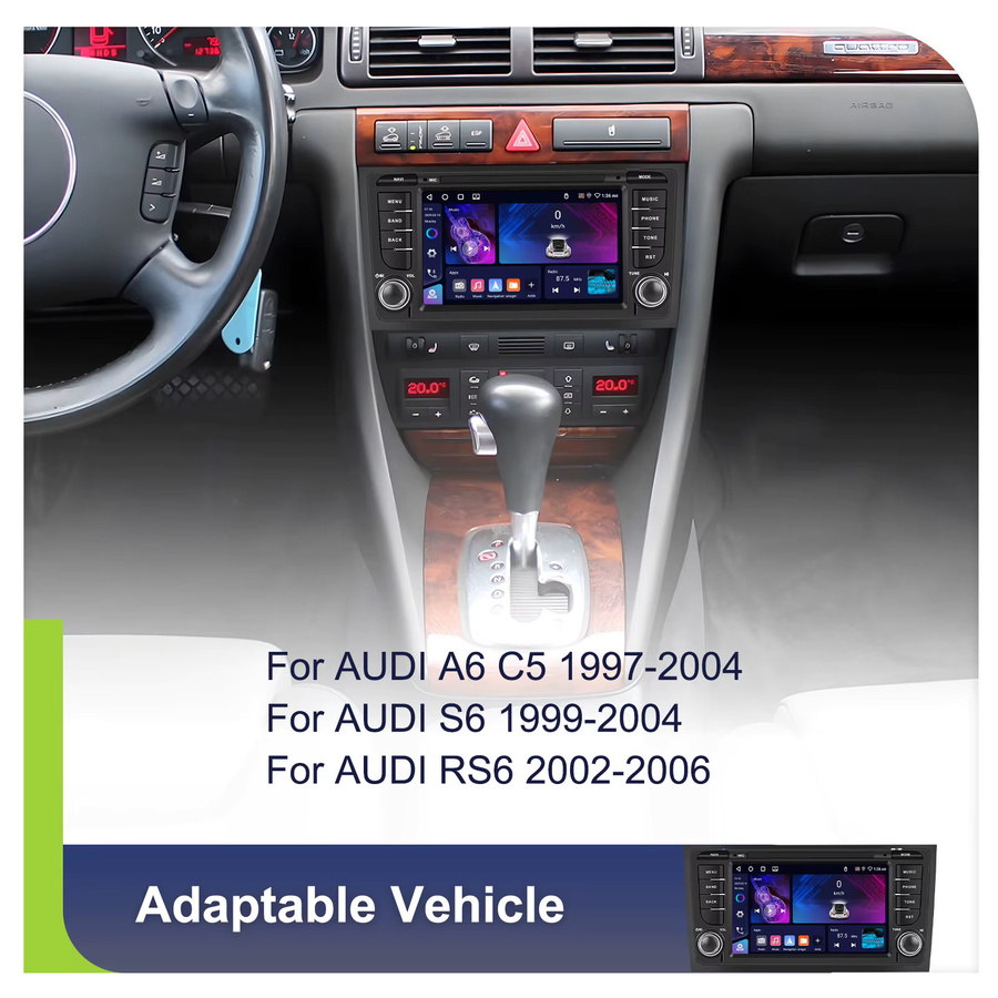 Podofo Android Autoradio mit 7 Zoll Display, 4G+64G, für Audi A6 C5 1997-2004, S6 1999-2004 und RS6 2002-2006, inklusive kabellosem CarPlay, Android Auto, GPS-Navigation, WLAN und Bluetooth, Schwarz - Bild 3