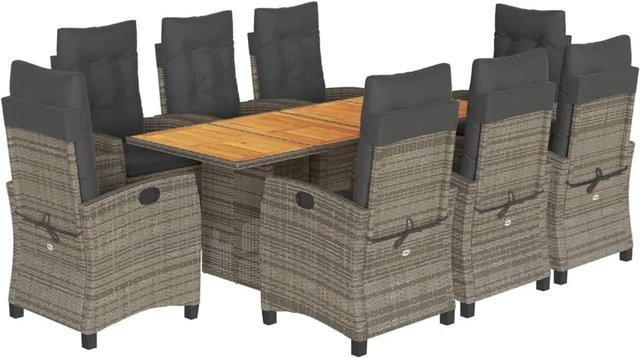vidaXL 9-teilige Garten-Essgruppe aus Poly-Rattan und Akazienholz in Grau mit Kissen - Bild 1