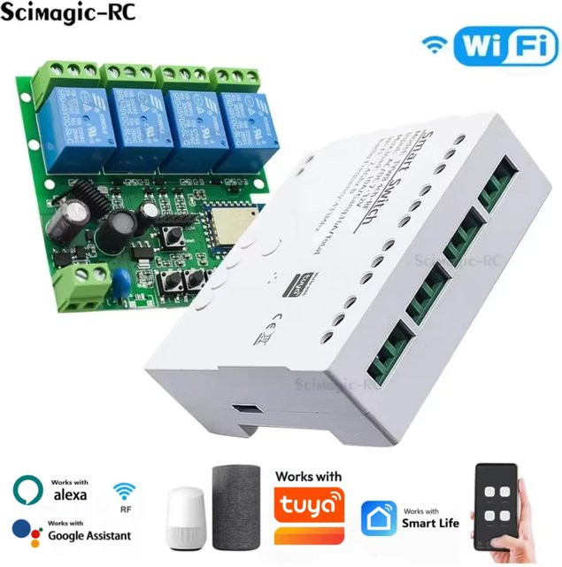 Scimagic-RC Smart Wifi Relais 4-Kanal Funk-Schaltmodul in Weiß, kompatibel mit Tuya und Alexa, 10A, 7-32V/85-220V/110V - Bild 1