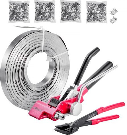 VEVOR 4-teiliges Stahlband Umreifungsset in Silber, manuelles Umreifungsgerät inklusive 122 m Metallband, 400 Metallklammern und Schneider für industrielle Verpackung und Transport - Bild 1