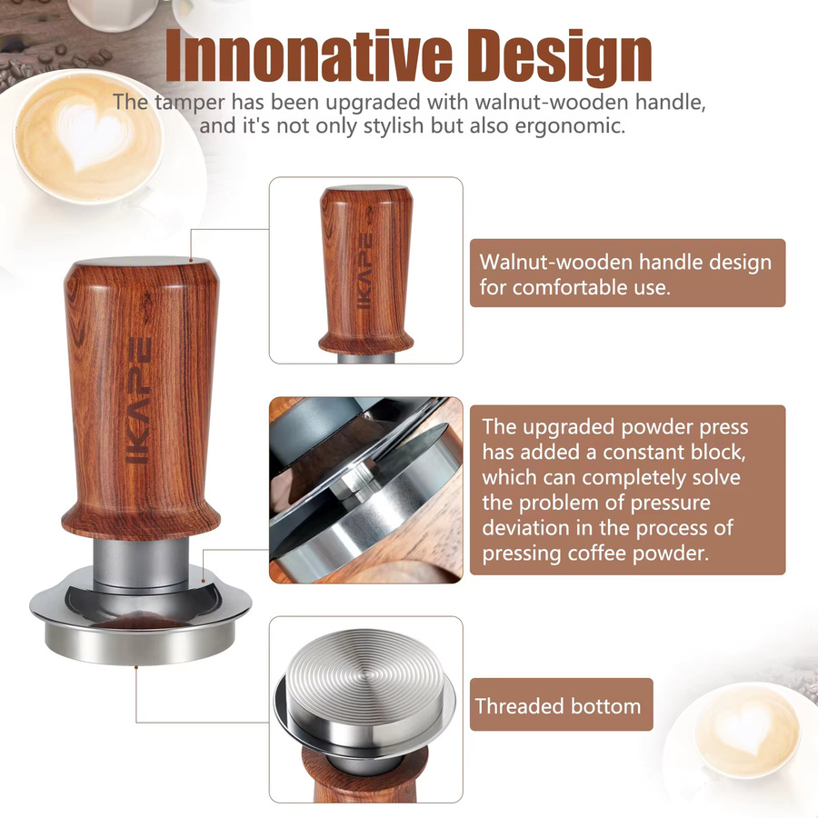 IKAPE Kaffee-Holztampfer V3 Espresso-Tamper aus Walnuss mit Titan-PVD-Beschichtung und kalibrierter Feder, Basispassung 51/54/58 mm, Braun/Schwarz - Bild 2