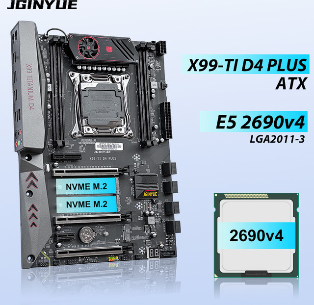 JGINYUE X99-TI D4 PLUS Motherboard-Kit mit Intel Xeon E5 2690 V4 CPU, LGA 2011-3, DDR4, ECC, M.2 NVMe und USB-C, Schwarz - Bild 1