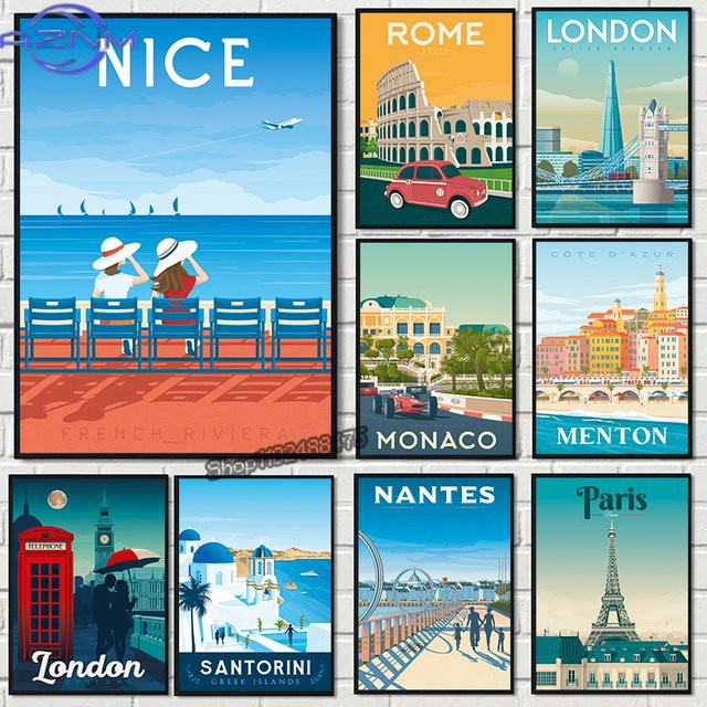 AZNM Leinwandgemälde Europa-Stadtlandschaft Frankreich Nizza Paris Monaco Nantes, Mehrfarbig, Nordische Wandkunst Poster - Bild 1