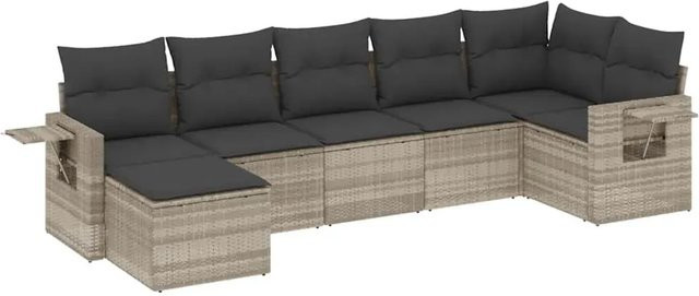 vidaXL 7-tlg. Garten-Sofagarnitur aus Polyrattan in Hellgrau mit Kissen und Ottoman in L-Form - Bild 1